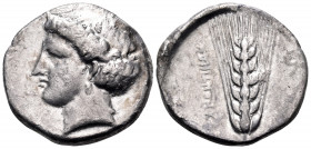 LUCANIA. Metapontum. Circa 400-340 BC. Nomos (Silver, 20.5 mm, 7.46 g, 12 h). Head of Demeter to left. Rev. METAΠΟNTIΩN Ear of barley with leaf to rig...