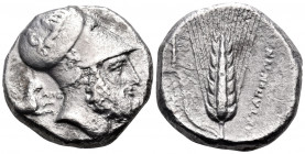 LUCANIA. Metapontum. Circa 340-300 BC. Distater (Silver, 24 mm, 15.13 g, 11 h). Head of Leukippos to right, wearing Corinthian helmet, the bowl decora...