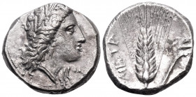 LUCANIA. Metapontum. Circa 330-290 BC. Nomos (Silver, 20.5 mm, 7.82 g, 8 h). Head of Demeter to right, wearing wreath of barley ears and triple-pendan...