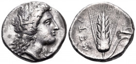 LUCANIA. Metapontum. Circa 330-290 BC. Nomos (Silver, 20.5 mm, 7.87 g, 7 h). Head of Demeter to right, wearing wreath of barley ears and triple-pendan...