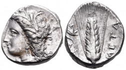 LUCANIA. Metapontum. Circa 330-290 BC. Nomos (Silver, 20 mm, 7.75 g, 5 h). Head of Demeter to left, wearing grain wreath, triple pendant earring and p...