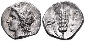 LUCANIA. Metapontum. Circa 330-290 BC. Nomos (Silver, 20 mm, 7.78 g, 2 h). Head of Demeter to left, wearing grain wreath, triple pendant earring and p...