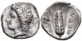LUCANIA. Metapontum. Circa 330-290 BC. Nomos (Silver, 20.5 mm, 7.82 g, 2 h). Head of Demeter to left, wearing grain wreath, triple pendant earring and...