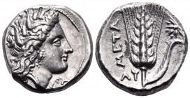 LUCANIA. Metapontum. Circa 330-290 BC. Nomos (Silver, 19.5 mm, 7.94 g, 11 h). Head of Demeter to right, wearing a grain wreath, pendant earring and ne...