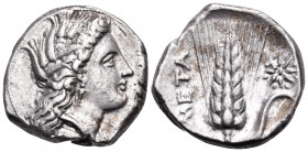 LUCANIA. Metapontum. Circa 330-290 BC. Nomos (Silver, 20 mm, 7.87 g, 7 h). Head of Demeter to right, wearing wreath of barley ears, triple-pendant ear...