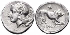LUCANIA. Velia. Circa 340-334 BC. Nomos (Silver, 22.5 mm, 7.58 g, 3 h), from the "Θ" group. Head of Athena to left, wearing crested Attic helmet decor...