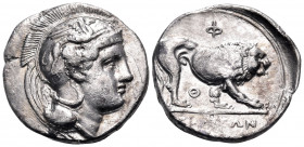 LUCANIA. Velia. Circa 340-334 BC. Nomos (Silver, 21 mm, 6.19 g, 11 h), from the "Θ" group. Head of Athena to left, wearing crested Attic helmet decora...
