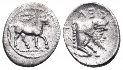 SICILY. Gela. Circa 465-450 BC. Litra (Silver, 11.5 mm, 0.74 g, 12 h). Horse walking right; above, wreath. Rev. CΕΛ ( retrograde ) Forepart of Acheloo...