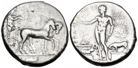 SICILY. Selinos. Circa 455-409 BC. Tetradrachm (Silver, 26.00 mm, 17.19 g, 2 h). Apollo and Artemis standing right in a quadriga moving slowly to righ...