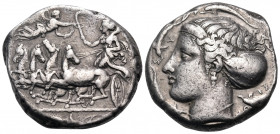 SICILY. Syracuse. 413-399 BC. Tetradrachm (Silver, 25 mm, 17.13 g, 1 h), The obverse die in the style of Euarchidas, the reverse die signed by Phrygil...