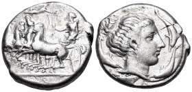 SICILY. Syracuse. Period of the Second Democracy - Dionysios I, 413-399 BC. Tetradrachm (Silver, 26.00 mm, 17.21 g, 6 h). Charioteer, holding branch i...