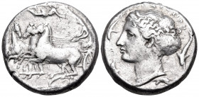 SICILY. Syracuse. Period of the Second Democracy - Dionysios I, 413-399 BC. Tetradrachm (Silver, 23.50 mm, 17.20 g, 12 h). Charioteer, holding reins i...