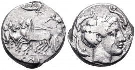 SICILY. Panormos. Circa 405-390/80 BC. Tetradrachm (Silver, 24 mm, 16.97 g, 9 h). 'SYS' ( in neo-Punic ) Charioteer, holding kentron in right hand and...