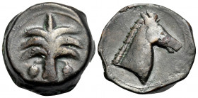 CARTHAGE. Circa 400-350 BC. (Bronze, 19 mm, 7.85 g, 4 h). Palm tree with two bunches of fruits. Rev. Horse's head right. MAA 20. SNG Copenhagen 102-5....