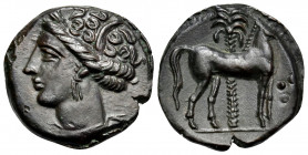 CARTHAGE. Circa 400-350 BC. (Bronze, 16 mm, 3.07 g, 2 h). Wreathed head of Tanit to left. Rev. Horse standing right; palm tree in background; three pe...