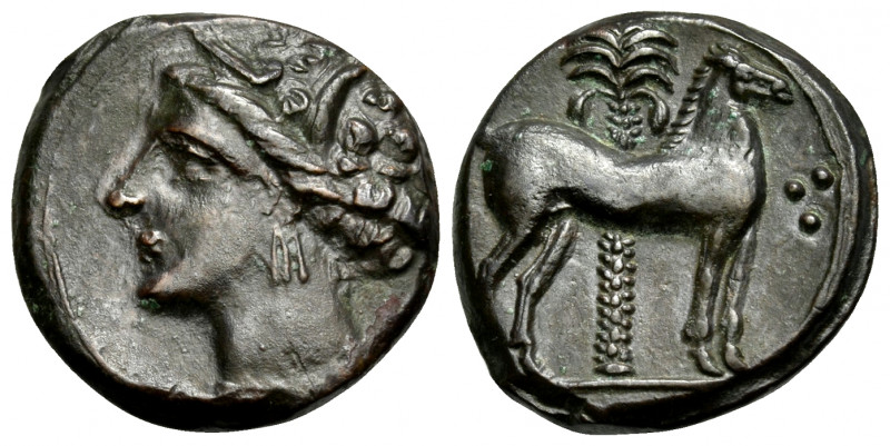 CARTHAGE. Circa 400-350 BC. (Bronze, 15 mm, 2.85 g, 6 h). Wreathed head of Tanit...