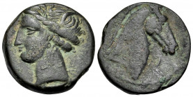 CARTHAGE. Circa 300-264 BC. Unit (Bronze, 19 mm, 5.47 g, 11 h). Wreathed head of Tanit to left. Rev. Horse’s head to right; above, letter pi. MAA 57 v...