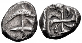 THRACE. Apollonia Pontika. Circa 540/35-530 BC. Drachm (Silver, 15.40 mm, 3.53 g). Anchor with crayfish to right. Rev. Swastika in incuse, with dolphi...