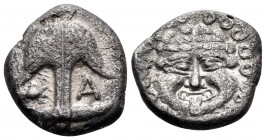 THRACE. Apollonia Pontika. Circa 480/78-450 BC. Drachm (Silver, 13.40 mm, 2.30 g, 10 h). Upright anchor; crayfish to left, A to right. Rev. Facing gor...