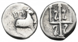 THRACE. Byzantion. Circa 387/6-340 BC. Hemidrachm (Silver, 11 mm, 1.96 g, 6 h). YΠ Forepart of heifer standing right on dolphin right; below raised fo...