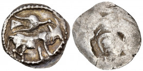 THRACO-MACEDONIAN TRIBES, Derrones. Circa 480-465 BC. Diobol (Silver, 17 mm, 1.33 g, 9 h). Bull standing right; above, bird flying right. Rev. Corinth...