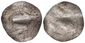 THRACO-MACEDONIAN TRIBES, Derrones. Circa 480-465 BC. Diobol (Silver, 18 mm, 1.17 g, 8 h). Bull standing left, head turned to look back; above, floral...