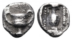 THRACO-MACEDONIAN TRIBES, Uncertain. Circa 465-450 BC. Hemiobol (?) (Silver, 6.5 mm, 0.26 g, 12 h). Kantharos. Rev. Amphora within dotted square borde...