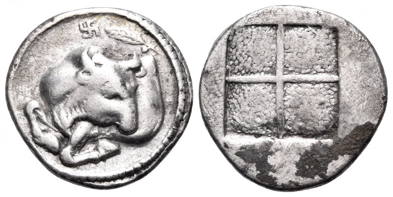 MACEDON. Akanthos. Circa 470-390 BC. Tetrobol (Silver, 15 mm, 2.33 g). Forepart ...