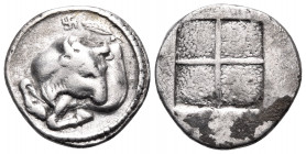 MACEDON. Akanthos. Circa 470-390 BC. Tetrobol (Silver, 15 mm, 2.33 g). Forepart of bull to left, head turned back to right; above, swastika left and o...