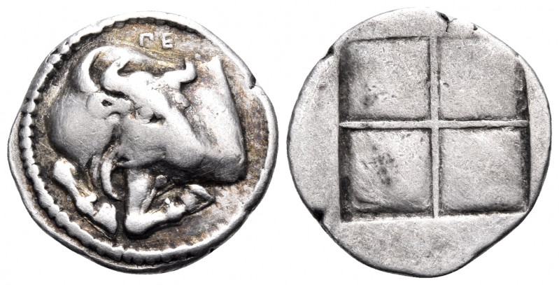MACEDON. Akanthos. Circa 470-390 BC. Tetrobol (Silver, 16 mm, 2.31 g). ΠΕ Forepa...