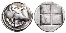 MACEDON. Akanthos. Circa 470-390 BC. Tetrobol (Silver, 16 mm, 2.31 g). ΠΕ Forepart of bull to left, his head turned back to right. Rev. Quadripartite ...