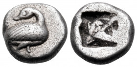 MACEDON. Eion. Circa 480-470 BC. Diobol (Silver, 9 mm, 1.17 g). Goose standing to right, head turned to left; above, annulet. Rev. Rough incuse square...