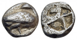 MACEDON. Eion. Circa 480-470 BC. Diobol (Silver, 8 mm, 0.94 g). Goose standing to right, head turned to left. Rev. Rough incuse square. HGC 3, 519. HP...