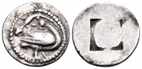 MACEDON. Eion. Circa 460-400 BC. Trihemiobol (Silver, 12 mm, 0.84 g). Goose standing to right, head turned back to left; above, lizard to left. Rev. Q...