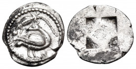 MACEDON. Eion. Circa 460-400 BC. Trihemiobol (Silver, 12 mm, 0.91 g). Goose standing to right, head turned back to left; above, lizard to left; to rig...