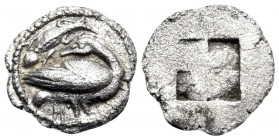 MACEDON. Eion. Circa 460-400 BC. Trihemiobol (Silver, 12 mm, 0.76 g). Goose standing to right, head turned back to left; above, lizard to left; below,...