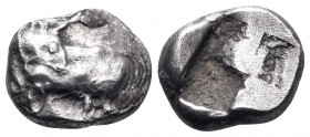THRACO-MACEDONIAN TRIBES, Ennea Hodoi. Uncertain mint. Circa 500-480 BC. Obol (Silver, 9 mm, 0.88 g). Bull standing left, head turned back to right. R...