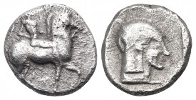 MACEDON. Potidaia. Circa 450-432 BC. Diobol (Silver, 10 mm, 1.26 g, 12 h). Horseman advancing right. Rev. Archaic female head right, within incuse squ...