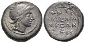MACEDON. Thessalonica. After 148 BC. (Bronze, 20 mm, 10.87 g, 11 h). Head of Roma to right, wearing Phrygian helmet. Rev. ΘΕΣΣΑΛΟ/ΝΙΚΕΩΝ in two lines;...
