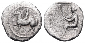THESSALY. Larissa. Circa 460-440 BC. Trihemiobol (Silver, 13.5 mm, 1.32 g, 1 h). Ο - Ϟ Horseman, wearing petasos and chlamys and carrying two spears, ...