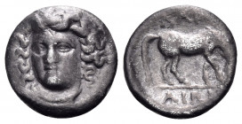 THESSALY. Larissa. Circa 344-337 BC. Obol (Silver, 10 mm, 0.74 g, 5 h). Head of the nymph Larissa facing, turned slightly to the left, wearing ampyx, ...