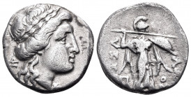 THESSALY, Thessalian League. Circa 150-100 BC. Drachm (Silver, 18 mm, 3.79 g, 9 h), Zo... and Poly... Laureate head of Apollo to right; to left, monog...