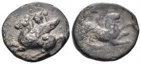 AKARNANIA. Leukas. Circa 350-300 BC. (Bronze, 16 mm, 3.15 g, 7 h). Λ Bellerophon on Pegasos flying to left. Rev. Chimaera crouching to right. BCD Akar...