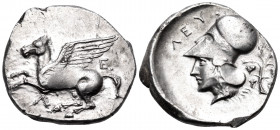 AKARNANIA. Leukas. Circa 320-280 BC. Stater (Silver, 24.10 mm, 8.53 g, 3 h). Λ - E Pegasos flying to left with straight wings. Rev. ΛEY Head of Athena...