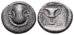 BOEOTIA, Federal Coinage. Circa 395-340 BC. Hemidrachm (Silver, 13 mm, 2.48 g, 12 h). Boeotian shield. Rev. B-OI Kantharos; above, club right; all wit...