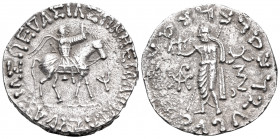 INDO-SKYTHIANS. Azes, circa 58-12 BC. Tetradrachm (Silver, 25.5 mm, 9.54 g, 12 h). BΑΣΙΛΕΩΣ ΒΑΣΙΛΕΩΝ ΜΕΓΑΛΟΥ / ΑΖΟΥ King on horseback right, holding w...