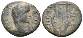 THRACE. Sestus. Gaius (Caligula), 37-41. Hemiassarion (Bronze, 18 mm, 3.26 g, 12 h). ΓΑΙΟΣ ΚΑΙΣΑΡ Bare head of Caligula to right. Rev. CHCTI-ΩN Lyre w...