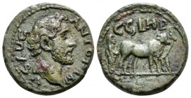 MYSIA. Parium. Antoninus Pius, 138-161. (Bronze, 16 mm, 3.01 g, 12 h). ANTONINVS AVG Bare head of Antoninus Pius to right. Rev. C G I H P Founder, vei...