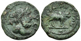 LYDIA. Tralles. Pseudo-autonomous issue, 2nd-3rd centuries. (Bronze, 18 mm, 2.89 g, 7 h). ZE-YC Laureate bust of Zeus to right. Rev. TPAΛΛΙΑΝΩΝ Humped...