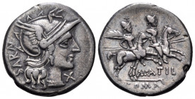 M. Atilius Saranus, 148 BC. Denarius (Silver, 19 mm, 3.66 g, 1 h), Rome. SAR(AN) Helmeted head of Roma to right; below chin, X. Rev. M · ATIL / ROMA T...